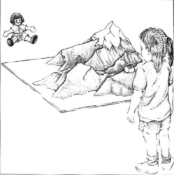Sketch of a child standing on one side of a mountain landscape with a doll on the other side.