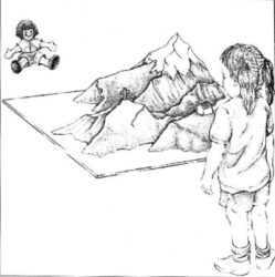 Sketch of a child standing on one side of a mountain landscape with a doll on the other side. 