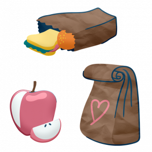 a school lunch bag, a sandwich and an apple