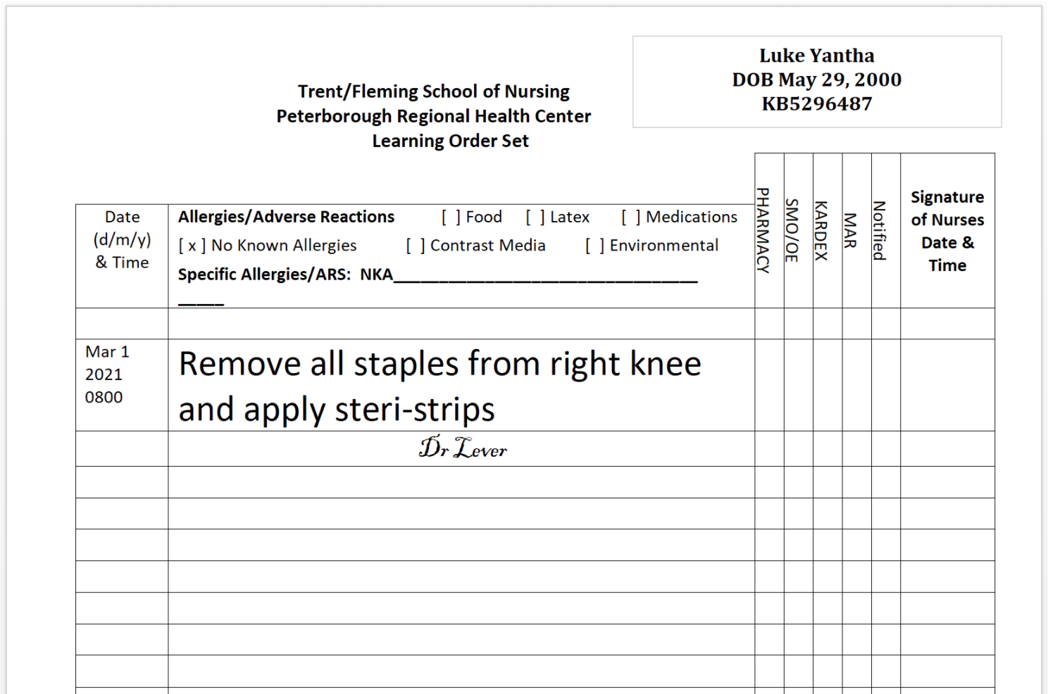 An example of a Learning Order Set form to remove all staples from the right knee and to apply steri-strips.