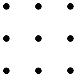 an unfinished puzzle showing nine black dots arranged in a 3-by-3 array