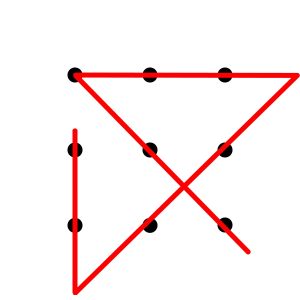 a 3-by-3 array of nine black dots with a continuous red line connecting them