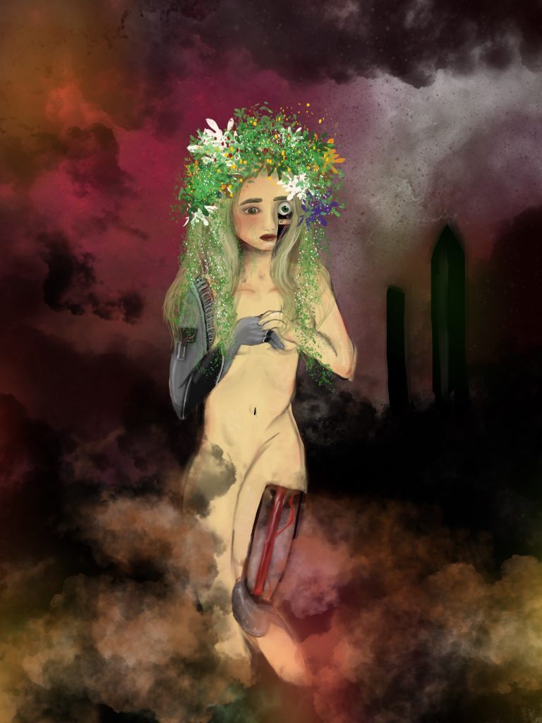 painting of a Gaia-like figure with elements of technology emerging through her skin
