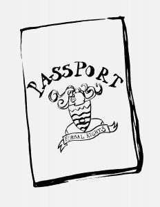 line drawing of a passport with the word “passport”, a coat of arms, and a wavy banner with “formal rights” in hand lettering