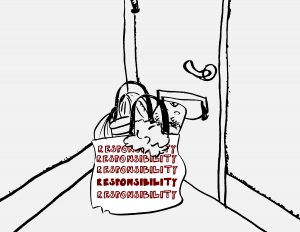 line drawing of a front door, with a bag of groceries propped against it. “Responsibility” is hand lettered on the front of the bag and the word repeats five times