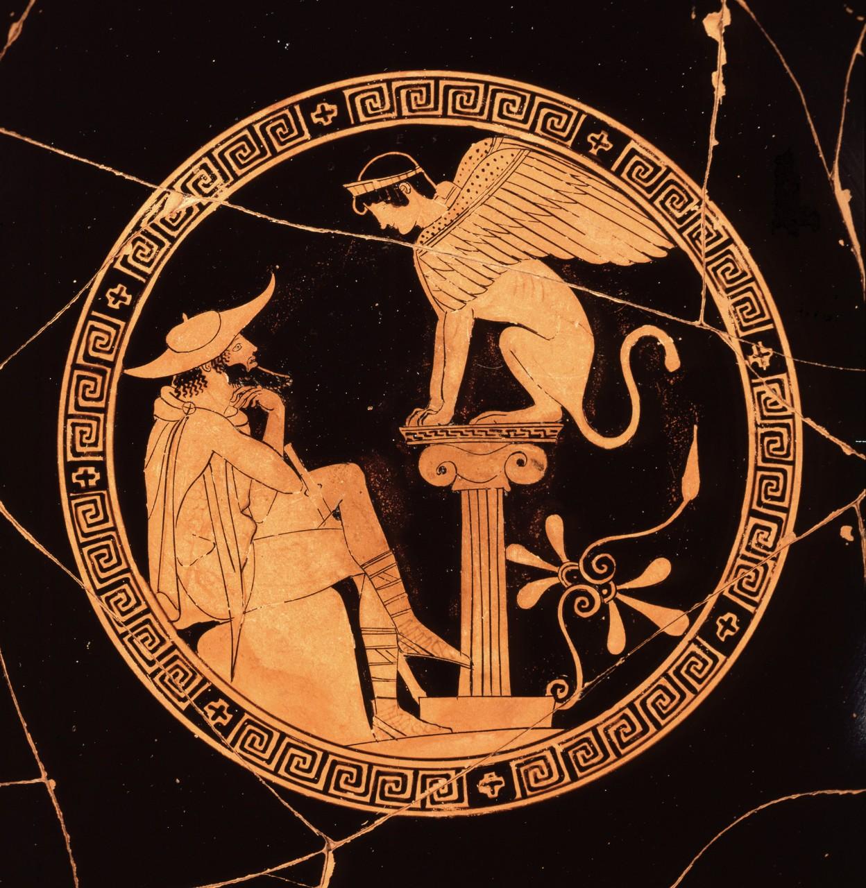 painting on pottery fragment showing Oedipus and the Sphinx facing each other