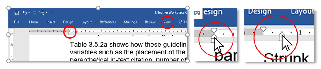 Tabbing a References list by making the left-margin tab visible, clicking on the bottom triangle, and dragging it a half-centimeter to the right