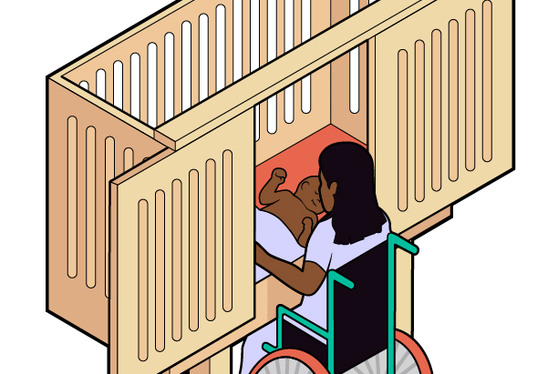 Figure 1-11. A woman in a wheelchair is shown using an accessible crib to tend to her baby. The woman opens the crib to reach her infant by sliding the crib walls open, instead of reaching over the top of the crib.