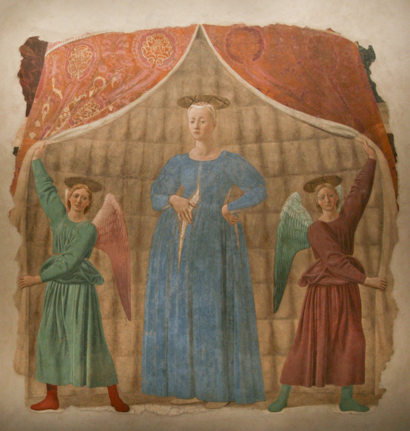 Figure 1-4. A renaissance fresco of two angels, one in green and one in red, parting a curtain to reveal the pregnant Virgin Mary. Mary is wearing blue and is resting one hand on her pregnant belly. Her other hand supports her back.