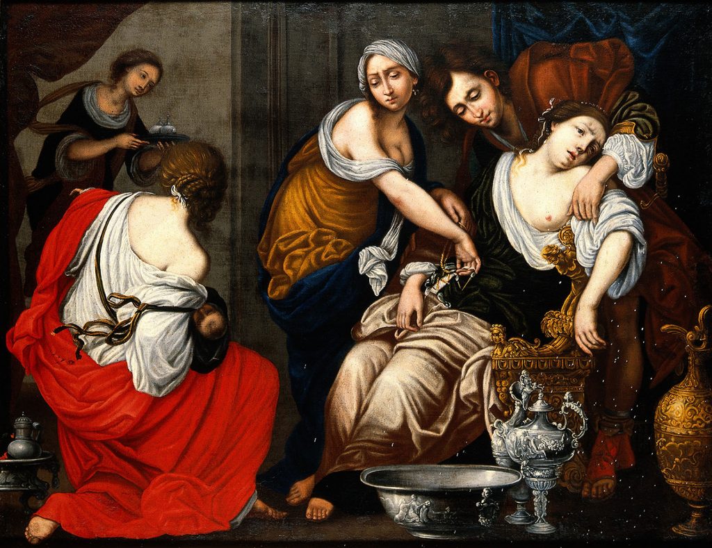 Figure 1-7. A baroque style painting of Rachel, her birth attendants, and newborn. Rachel sits slumped over in an exhausted stupor. She is supported by a birth attendant and her husband, Jacob. A birth attendant in the bottom left of the painting holds the newborn Benjamin, just his head is visible. A third attendant enters the room from the top left, carrying what may be oils.