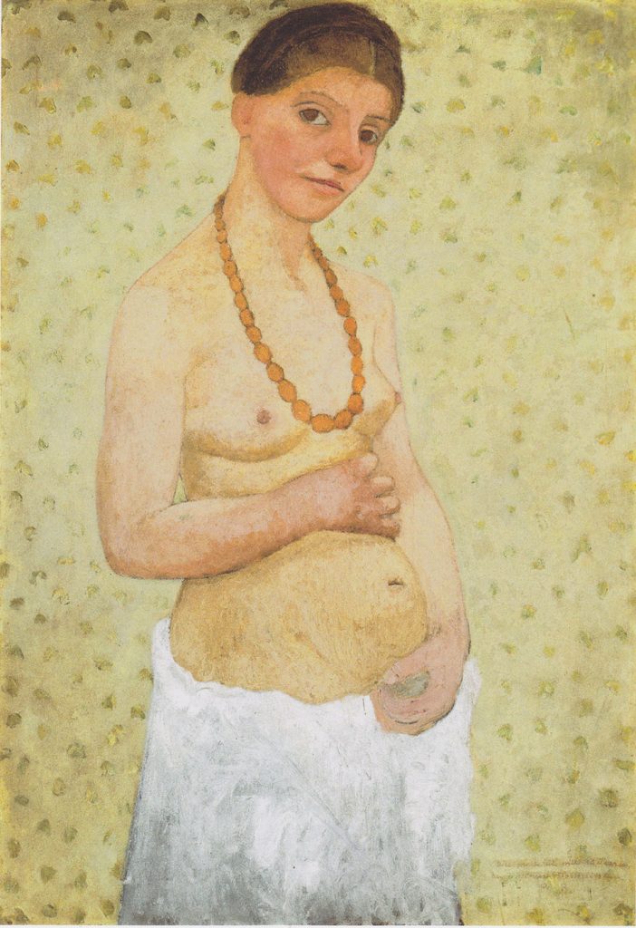 Figure 1-8. An expressionist painting of a young white woman standing in a three-quarter angle to the viewer, against a pale yellow wallpapered background. She is topless, but wears a necklace made of large orange beads. Her pregnant belly is exposed, and she rests her right hand (the hand facing the viewer) on top, with the left hand supporting the bottom of her belly. She wears a white towel or skirt around her hips. She has warm brown hair, tied in a braid encircling her head. She has large warm brown eyes, a rosy face, and sports a contemplative, but content, look on her face. The brush strokes are soft, yet visible (distinct).