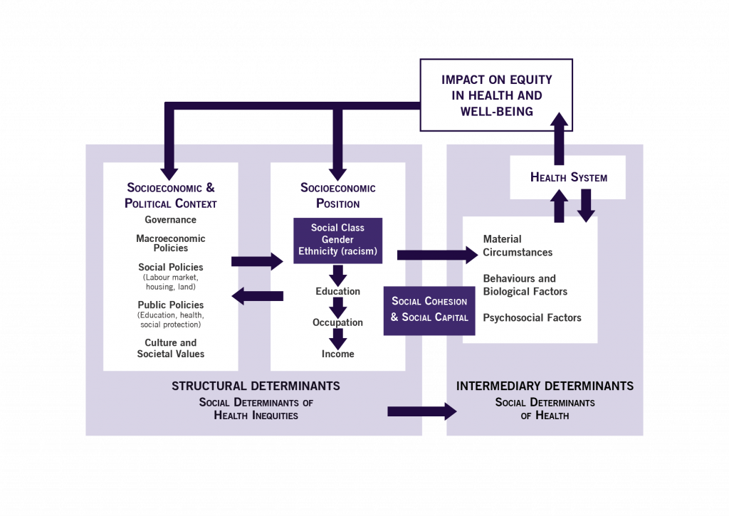 Figure 2-1. The relationship between equity in health and well-being and social determinants of health is cyclical. Long description available.