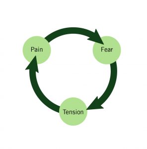 Figure 9-1. This diagram shows the cyclical relationship between fear, tension, and pain. From fear, and arrow leads to tension, from tension, an arrow leads to pain, and from pain, an arrow leads back to fear.