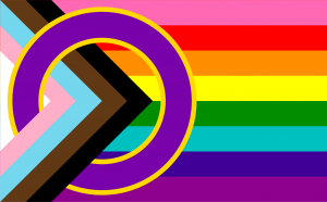 Intersex-Inclusive progress pride flag with purple and yellow circle looping through the trans, brown, and black chevrons