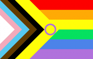 Intersex-inclusive pride flag with additional yellow stripe with purple circle, to the right of the black