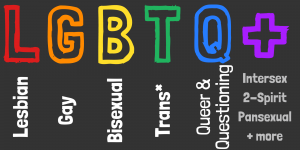 image showing LGBTQ+ acronym and the words associated with each letter (described in glossary)