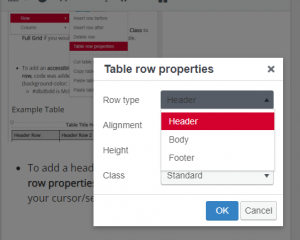 Header row selection in properties.