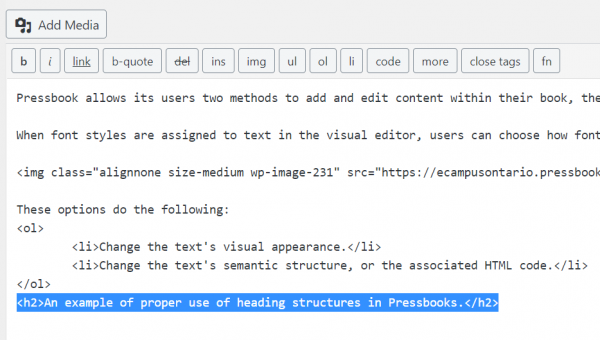 Heading styles in the text editor.