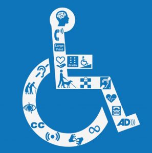 A person in a wheelchair with many symbols to visually represent invisible disabilities. For Braille, for a seeing eye dog, for somebody who might need closed captioning, for somebody who might need sign language, but also for somebody who might identify with autism, for somebody who might have a mental health disability or learning disability.