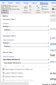 Table of Contents options in Word.