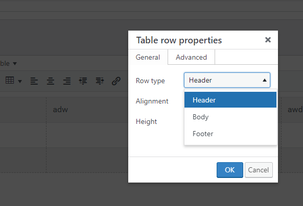 The Table row properties menu with the Header type selected.