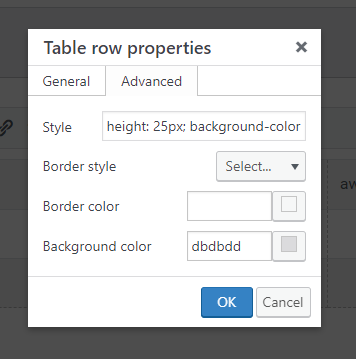 The advanced section of the table row properties.