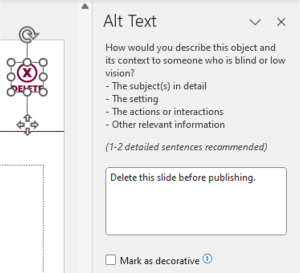 A screenshot of the alt text window with the "delete this slide" icon selected.