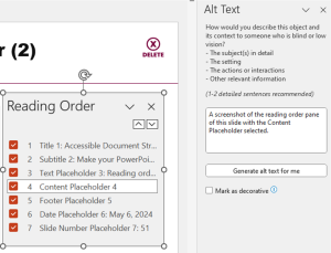 A screenshot of the alt text menu for a screenshot of the reading order menu.