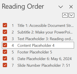 A screenshot of the reading order pane of this slide with the Content Placeholder selected.
