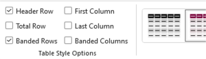 The Header row checkbox menu and table style options.