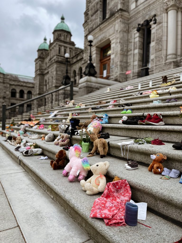 Toys left at a government building in Canada to represent the Indigenous children who never returned from residential schools