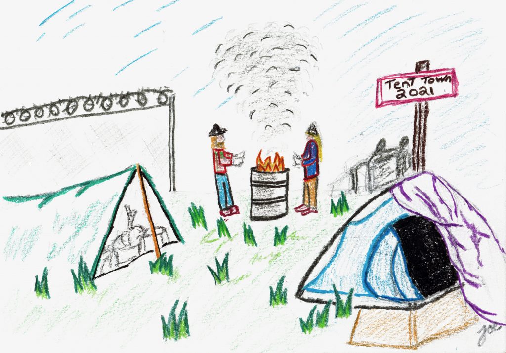 A pencil-crayon drawn image shows two people standing together, warming their hands over a barrel that contains fire. They are next to two tents set up in a grassy area. There is a sign next to the barrel that says “Tent Town 2021.”