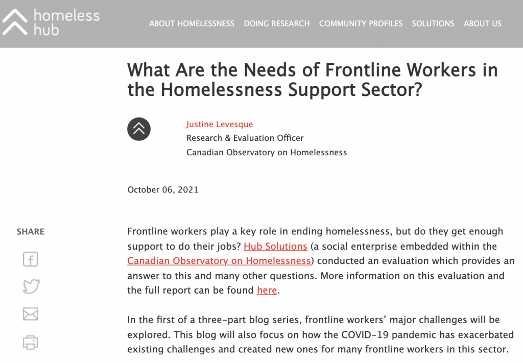 screenshot of What Are the Needs of Frontline Workers in the Homelessness Support Sector? blog post