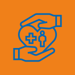 social determinants orange square icon with a blue heart held by two blue hands