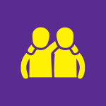 Social Inclusion purple square icon with two yellow human forms embracing
