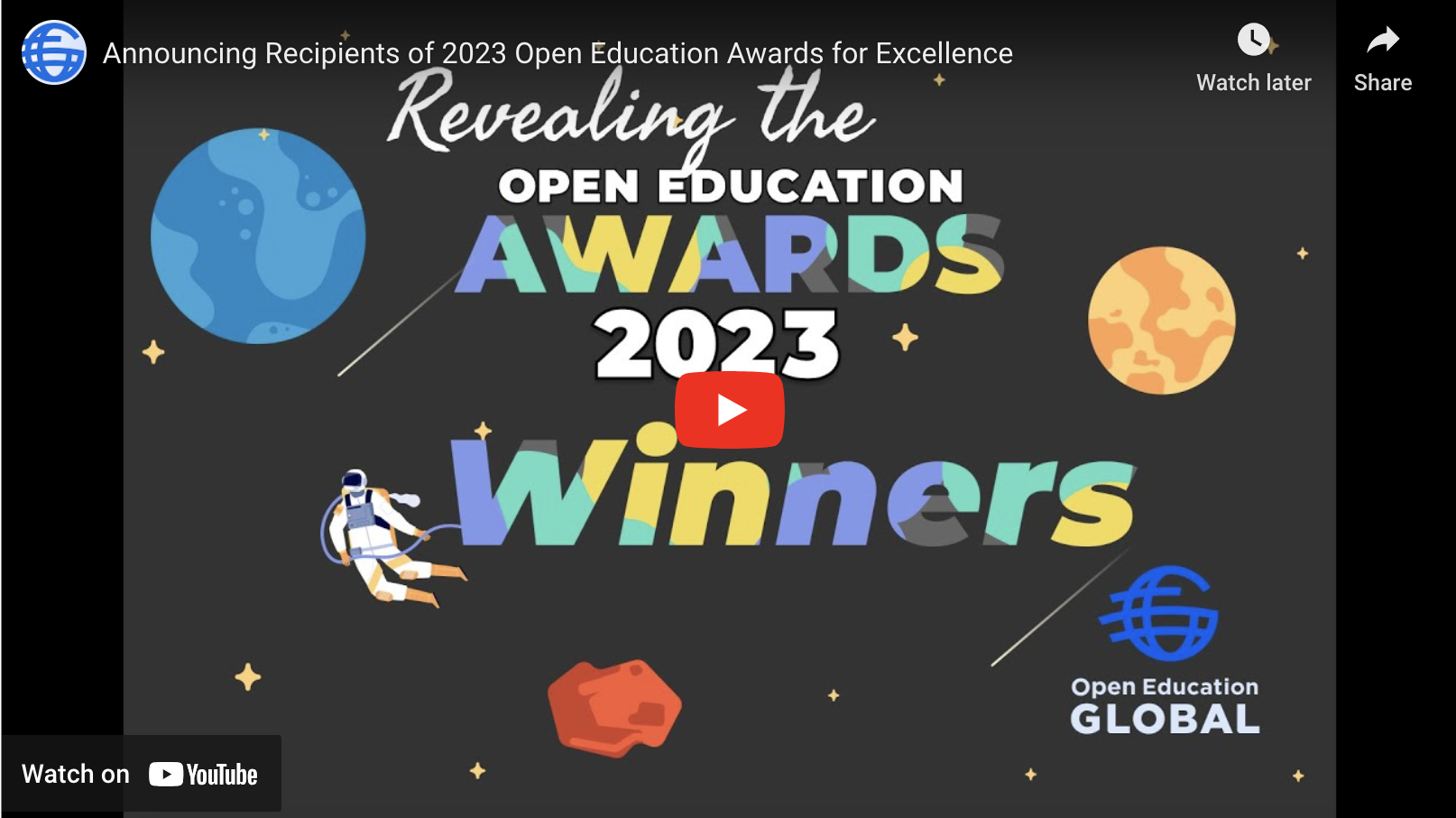 screenshot of OE Global Revealing the Open Education Awards 2023 Winners YouTube video
