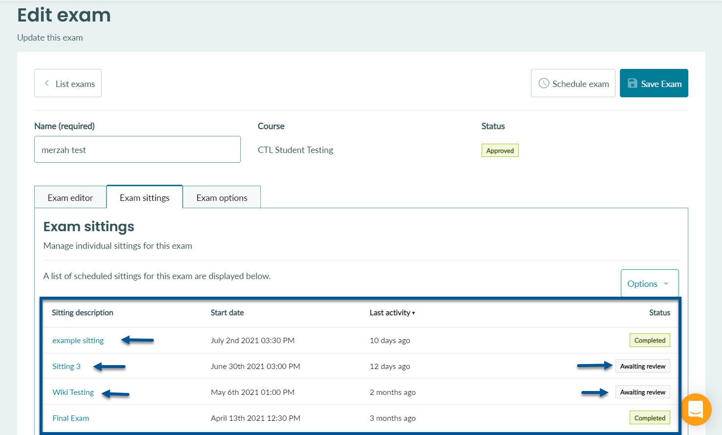 An exam editing page with the Exam sittings tab selected and it shows a list of scheduled exams sittings