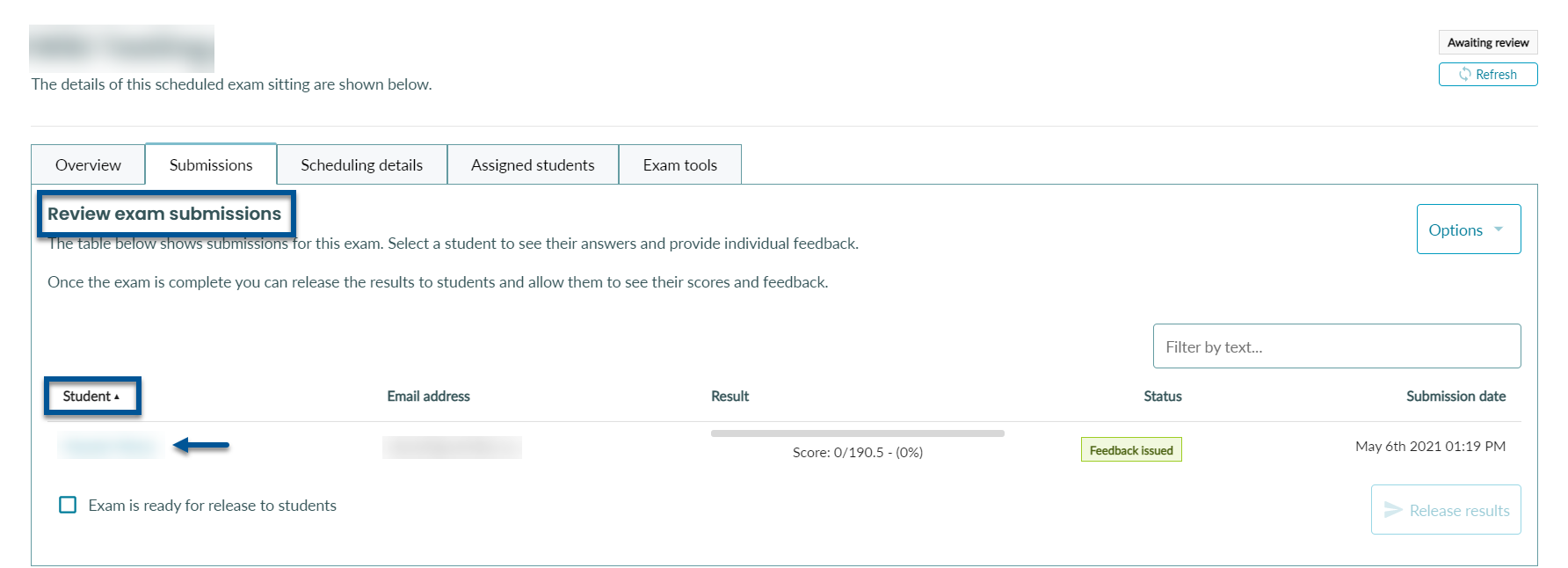 An exam sitting detail panel with the Submissions tab selected and It shows a list of all submissions for the exam sitting.