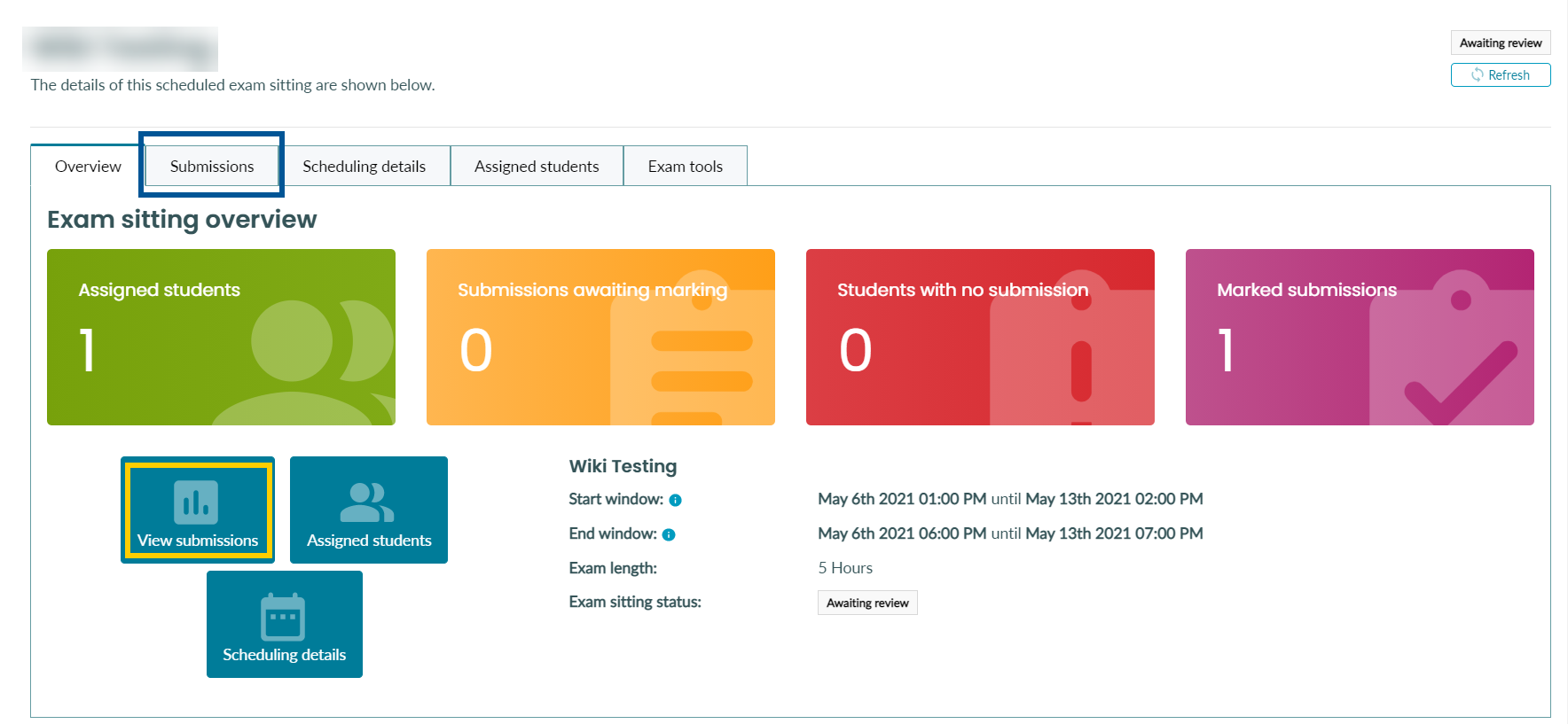 An exam sitting detail panel with options and several tabs available to be selected