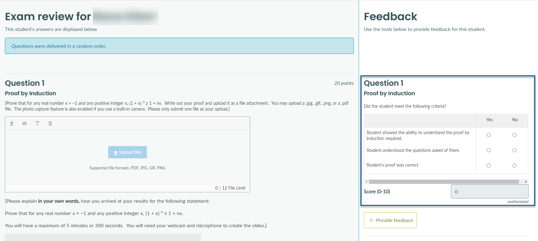 Exam review and grade panel with options