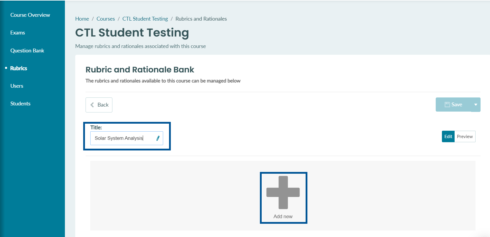 Rubric editing section with a Title text field and Add new button.