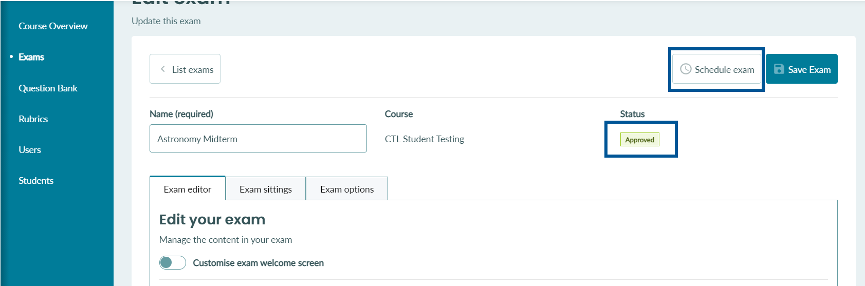 An exam details section of a particular exam that has already been approved.