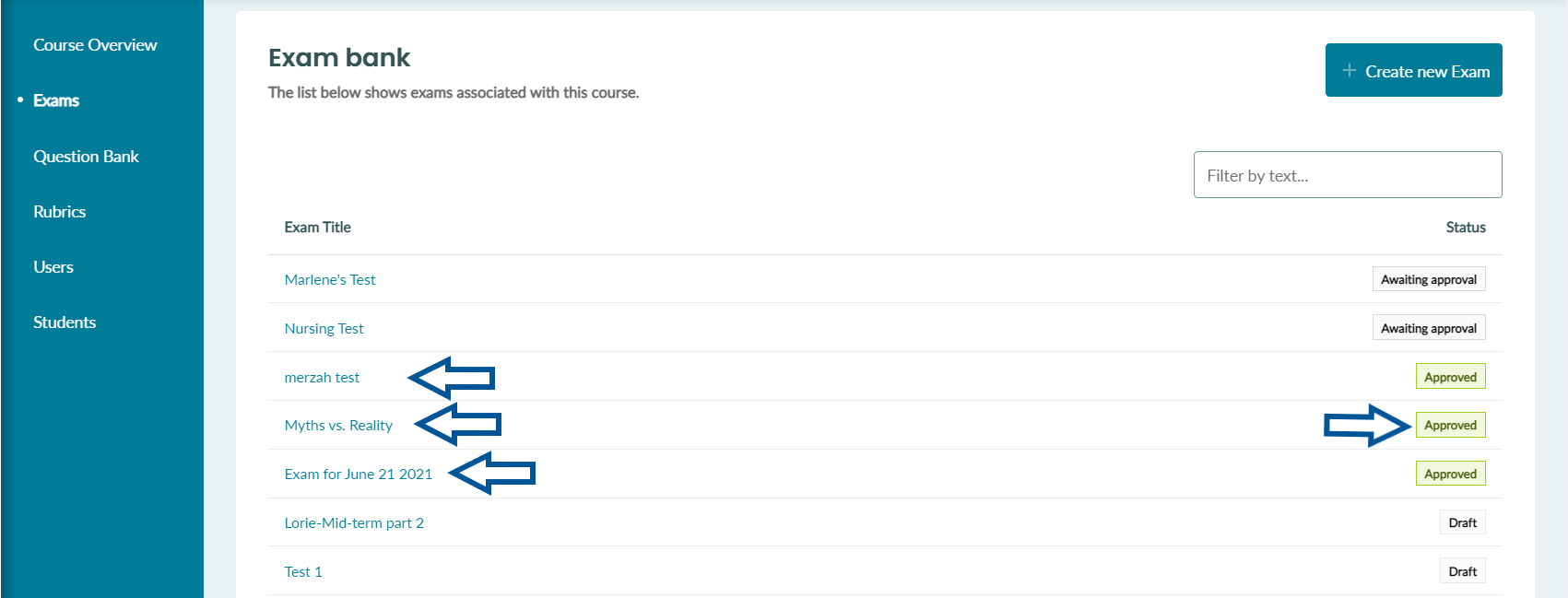 the Exam bank for the selected course.