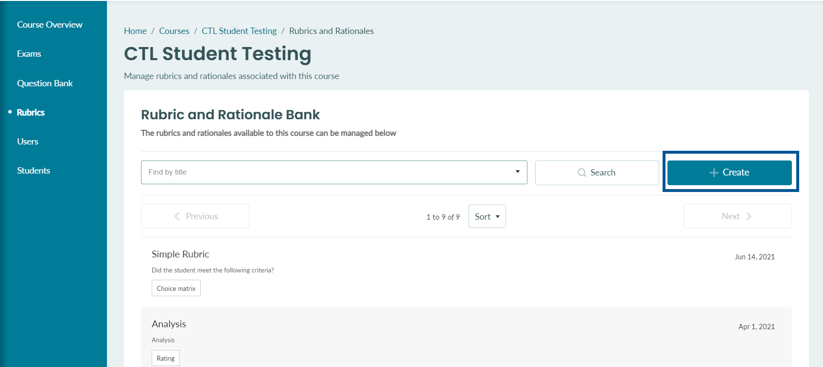 The Rubrics section of the course with the Create button on the right