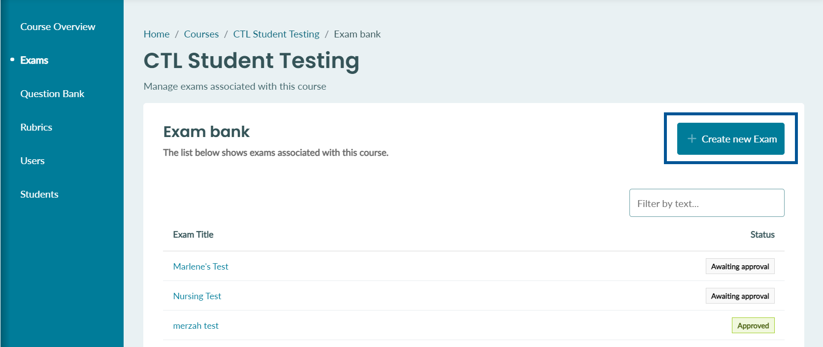 The Exams section with the Create new Exam button on the right-hand side of the user interface