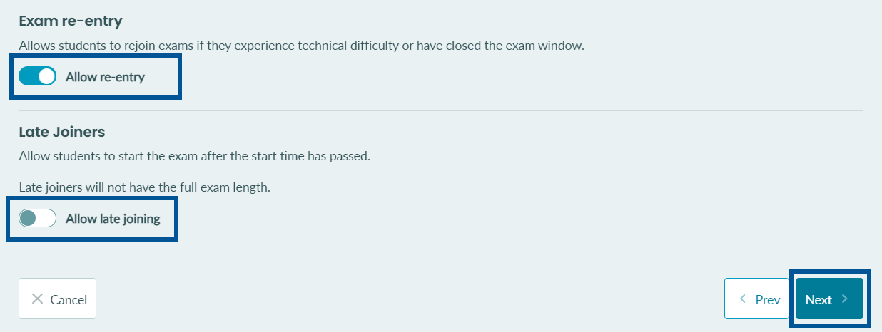 A part of the Step 2 Exam Scheduling panel where Allow re-entry and Allow late joining options are located