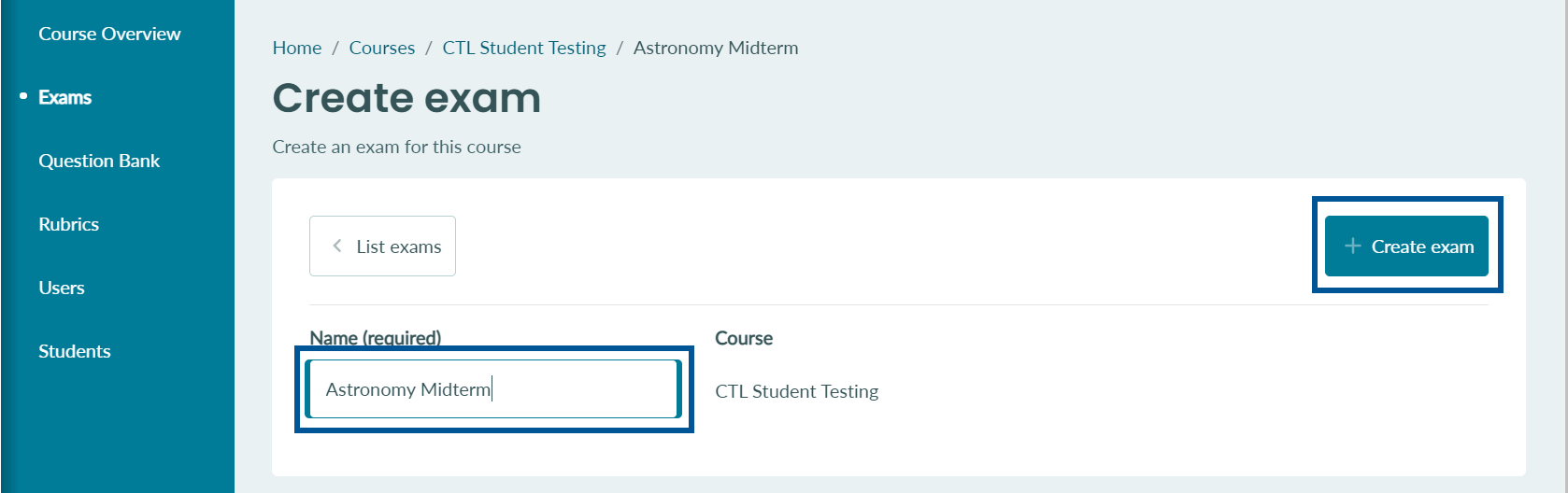 Create exam section with Name text field and a Create exam button