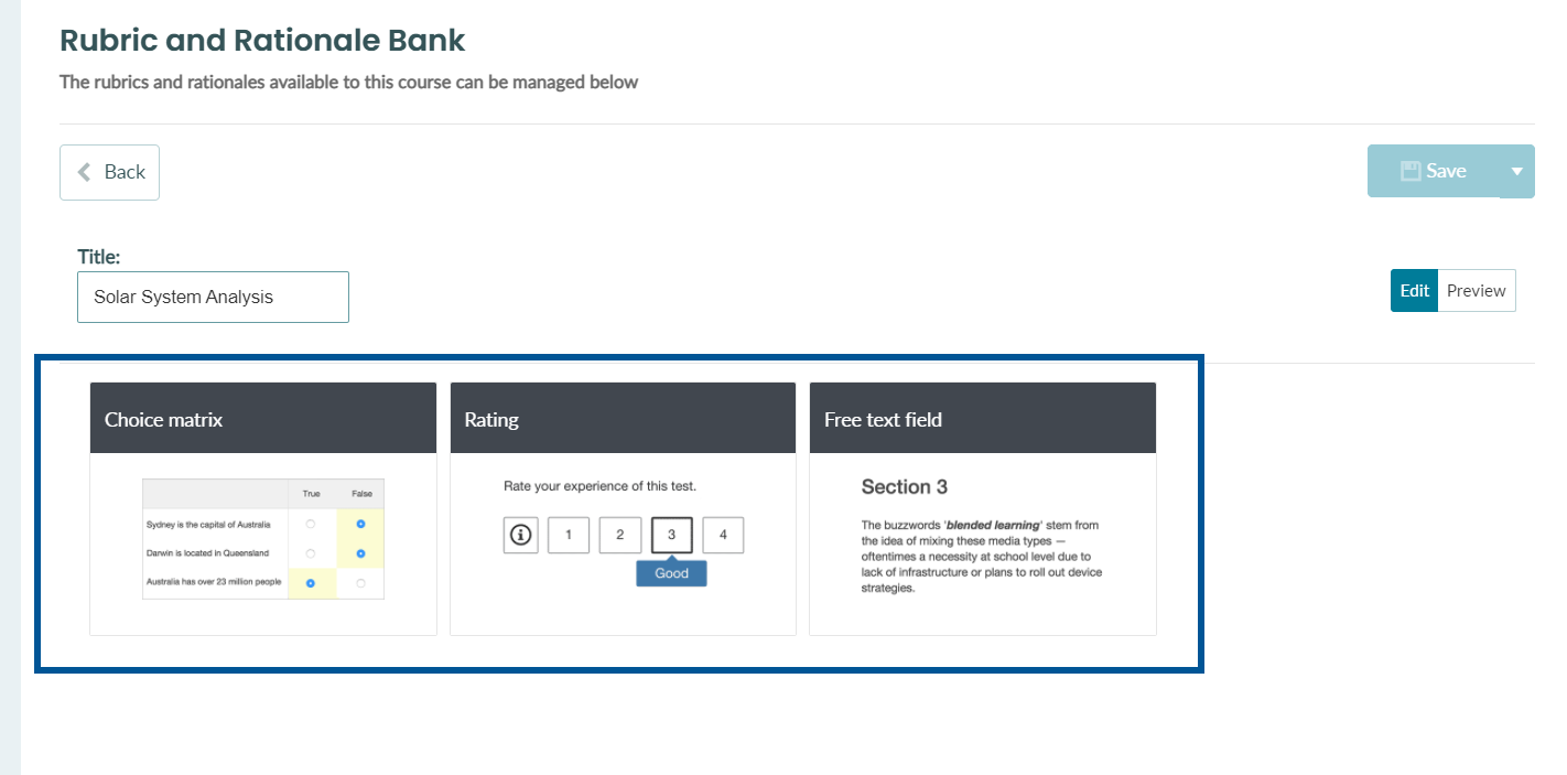 Three types of rubric scoring guide options in BetterExaminations