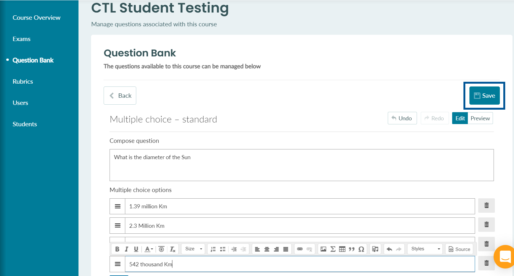 An editing section for a multiple choice question type in BetterExaminations