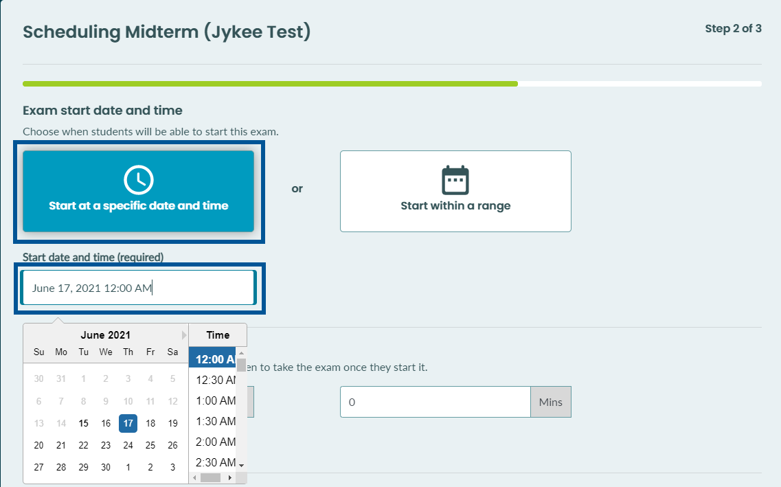 The Step 2 of Exam scheduling panel for the selected exams.